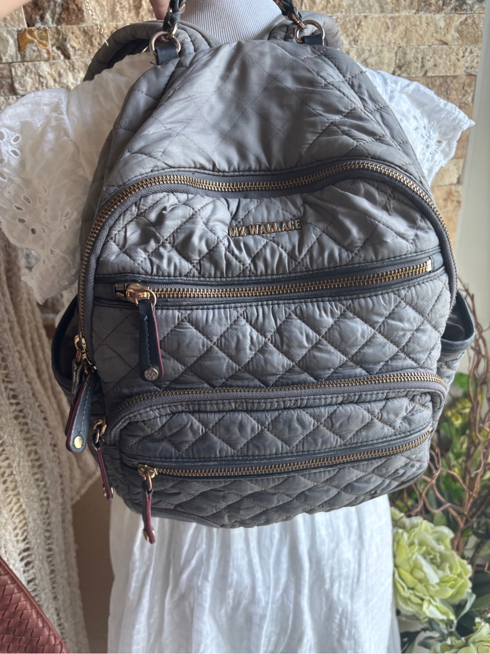 MZ Wallace Metro Quilted Slate Gray Mini Backpack with Gold Hardware